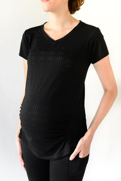 Donna V-Neck Ruched Interlaced Tee - Black